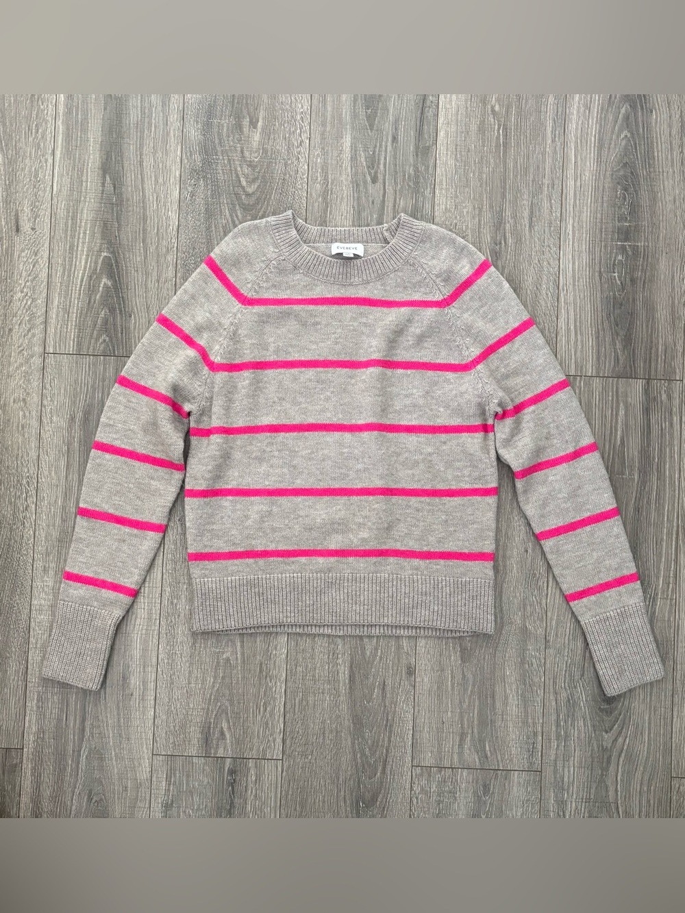 EVEREVE Gray Pink Striped Crewneck Knit Sweater Women’s XS Soft Lightweight Cozy